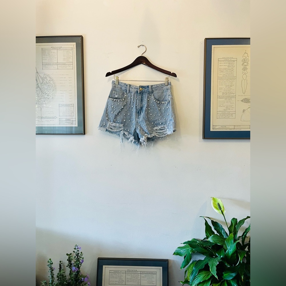 PEARL & CRYSTAL STUDDED DENIM SHORTS